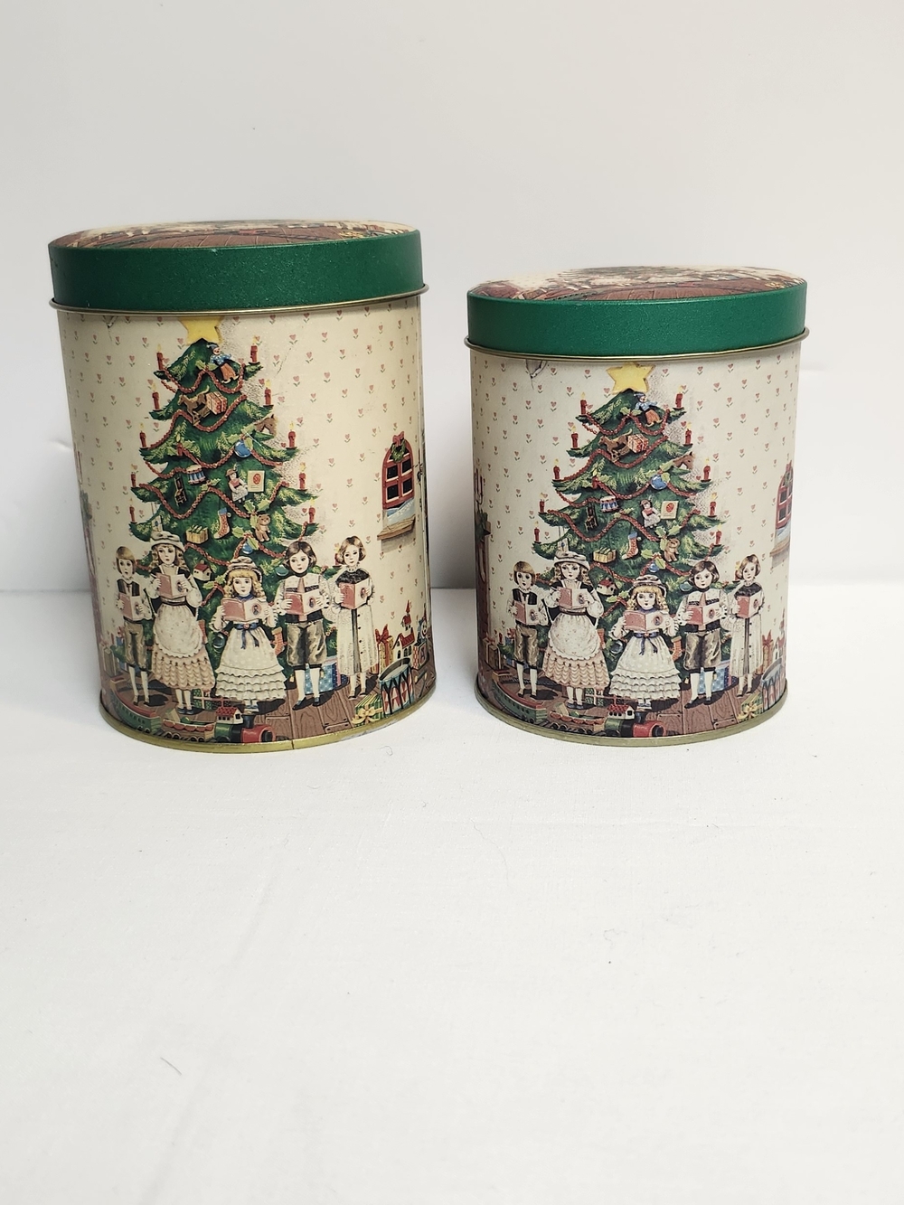 Vintage Holiday Carolers Decorative Tin Canisters - Set Of 2